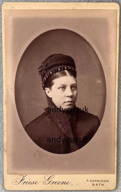 Cdv Friese Greene Lady In Fancy Bonnet Bath Antique Photo Fashion Hat Jewelled