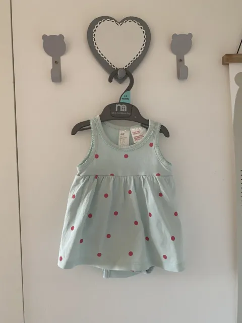 Next Baby Girl Spotted Teal Summer Dress 1-2 Month H&M With Build In Bodysuit