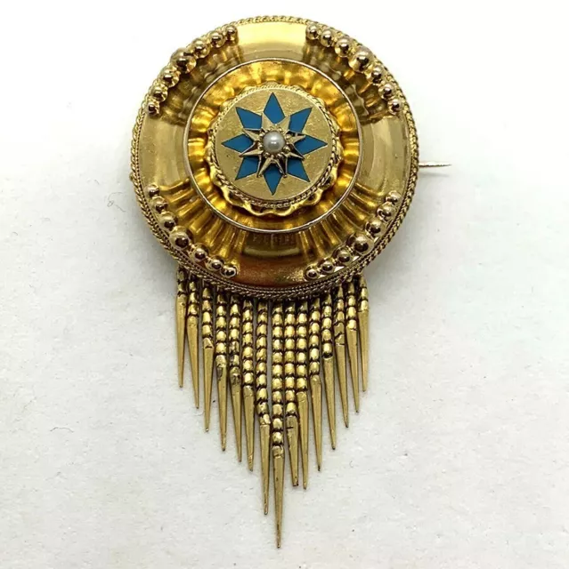 Antique Victorian 14k yellow gold star pearl turquoise fringe locket brooch pin