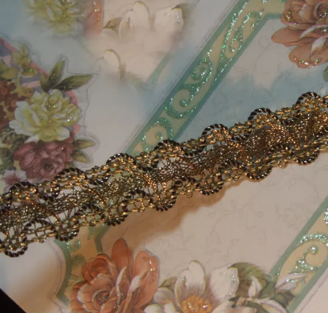 Antique vtg gold metallic trim braid lace tape ruching ruffle ribbon work 3/4"