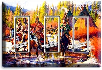 Native American Indians Horses Triple Gfi Light Switch Wall Plate Cover Room Art