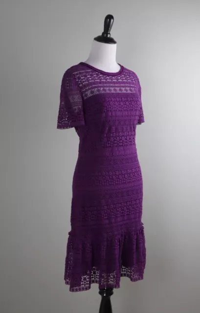 ELIE TAHARI $328 Purple Fringe Lace Lined Sheer Trim Flounce Dress Size 4 2