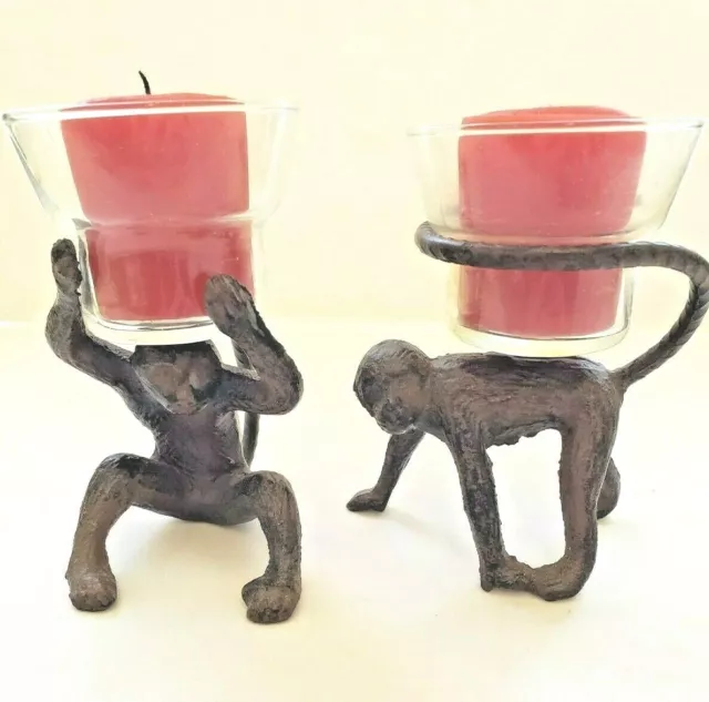 Vintage Monkey Brass Candle Holders  Set Of Two   2981