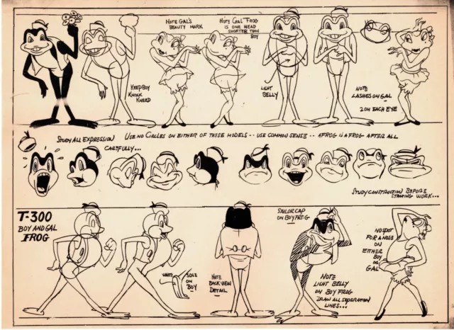 Terrytoons Production Animation Print Model Sheet 1941 Boy Gal Frog Oaken Bucket