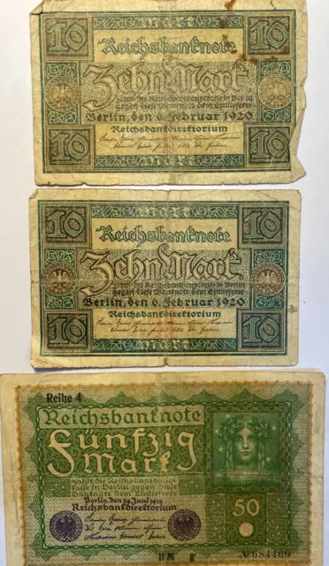 Germany 10 Reichsmark x2 (1920), 50 Mark x1 (1919) Banknotes, over 100 years old