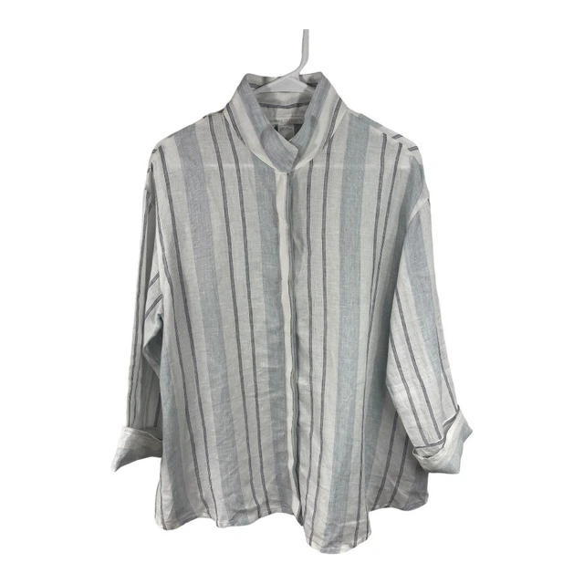 Elemente Clement 100% Linen Button Up Blouse Size 36 Small White Blue Lagenlook