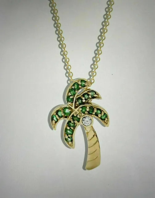 14K Yellow Gold Plated 1Ct Round Simulated Emerald Palm Tree Women Pendant Chain