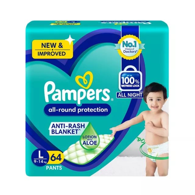 Pampers All round Protection Pants, Large size baby Diapers, (9-14kg) 64 Count