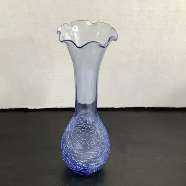 Vintage Hand Blown Blue Art Glass Crackled Bud Vase Fluted Ruffled Top 8”