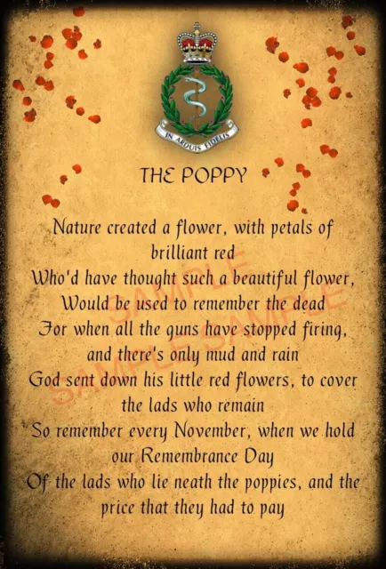 Regimental Poppy A4 Photo print. Royal Army Medical Corps RAMC Remembrance Poem.