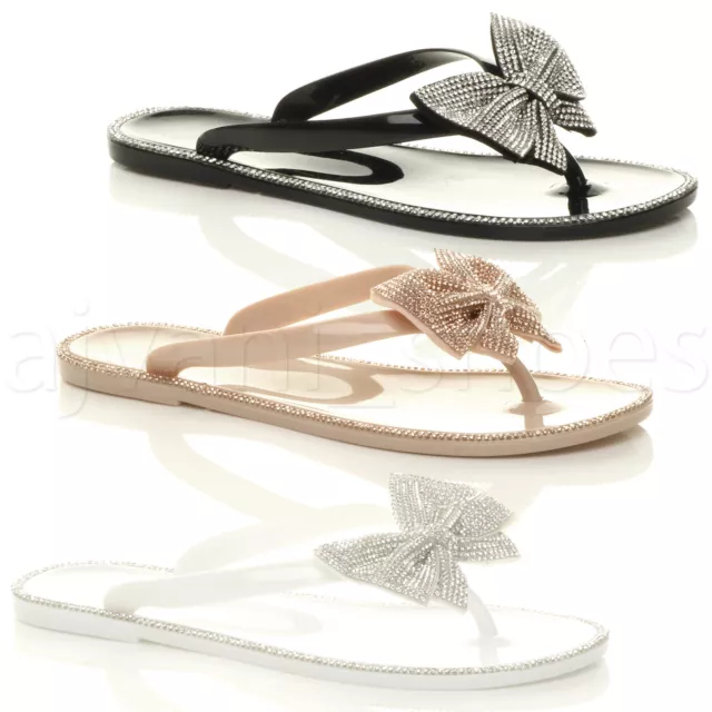 Womens Ladies Flat Jelly Diamante Bow Summer Flip Flops Toe Post Sandals Size