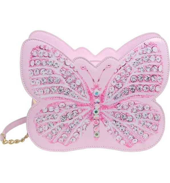 Betsey Johnson Kitsch Butterfly Rhinestone Printed Pink Faux Leather Crossbody