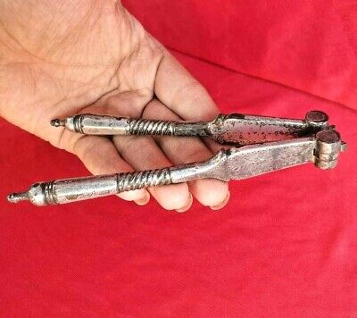 1800's Old Vintage Mughal Antique Iron Rare Silver Coated Walnut Nut Cutter Tool