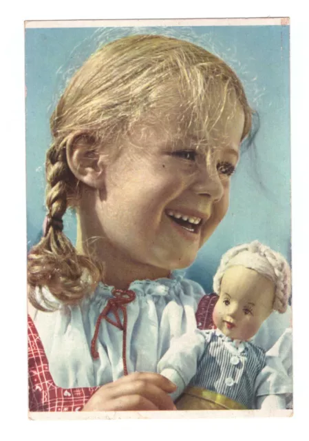 Photo Ak Girl With Pigtails And Doll, Coloured