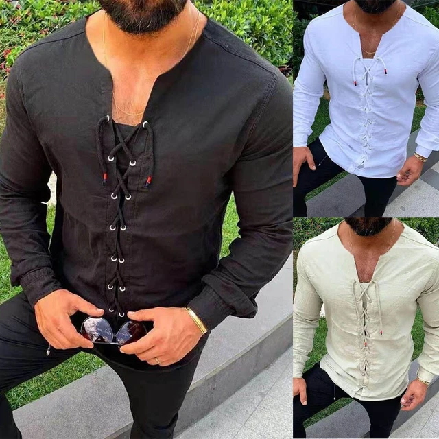 Moda Comodi Top Uomo Manica Lunga Larga Abbigliamento Comodo Medievale Magliette