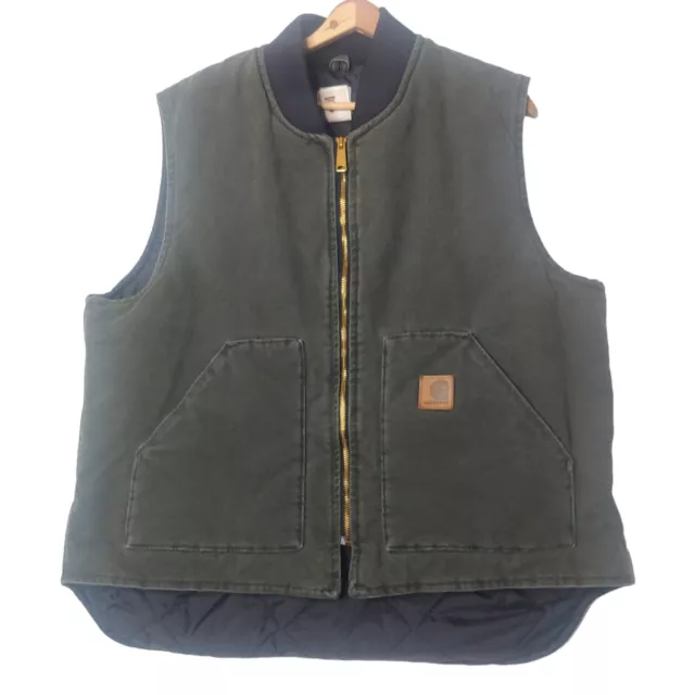 Vintage Carhartt Mens XL Work Vest Olive Green Canvas Quilted Insulated Zip USA