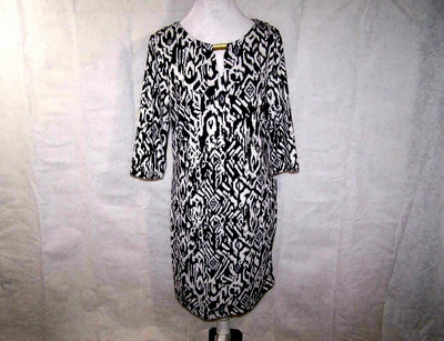 AA Studio Dress Shift Black White Stretch 3/4 Sleeves Cut Out Size PM NWT