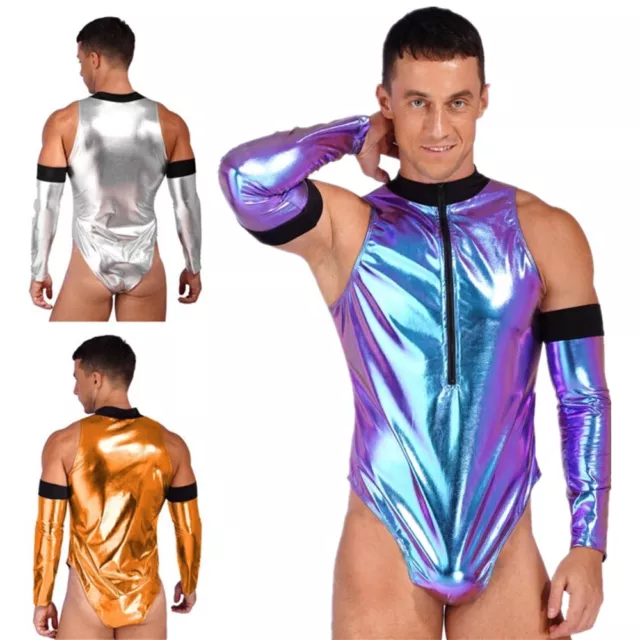 Mens Shiny Patent Leather Astronaut Costume Bodysuit with Gloves Spaceman Suit