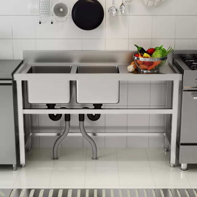 Stainless Steel Commercial Catering Kitchen Sink Unit Double Bowls with Platform