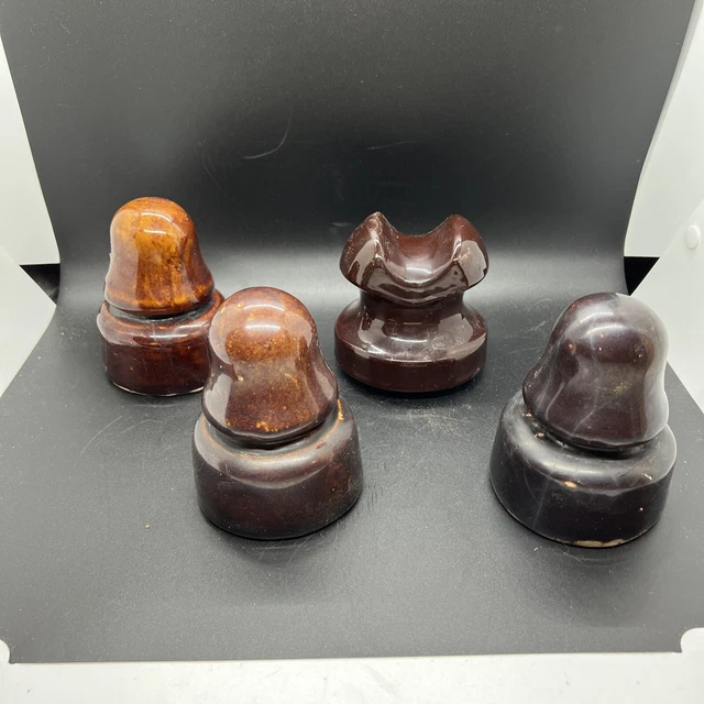 4 Vintage Brown Ceramic Porcelain Glazed Electric Insulators