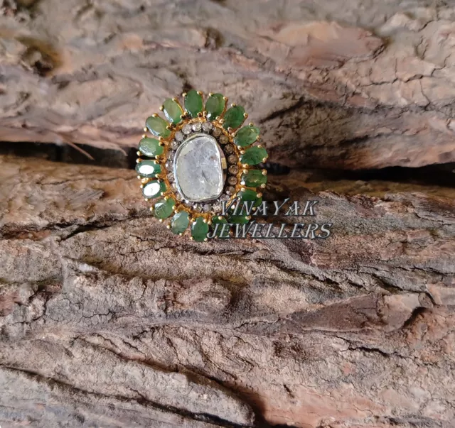 Natural Esmeralda Zambiana Gemas Polki Diamante Anillo 925 Plata de Ley Regalo