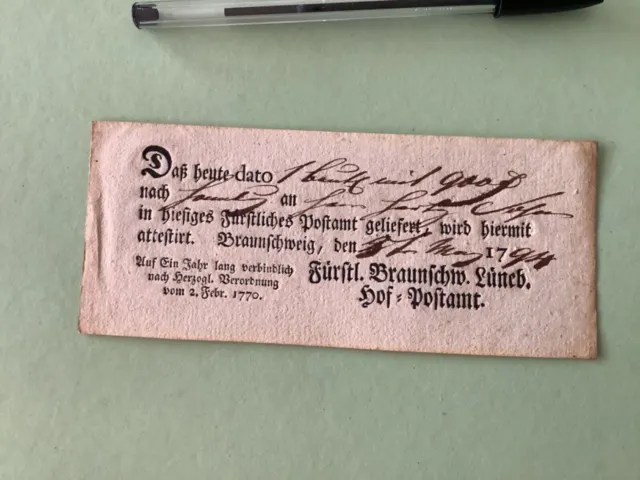 Germany Braunschweig 1794 postal note Ref A1591