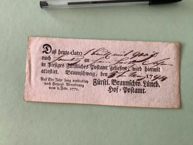 Germany Braunschweig 1794 postal note Ref A1591
