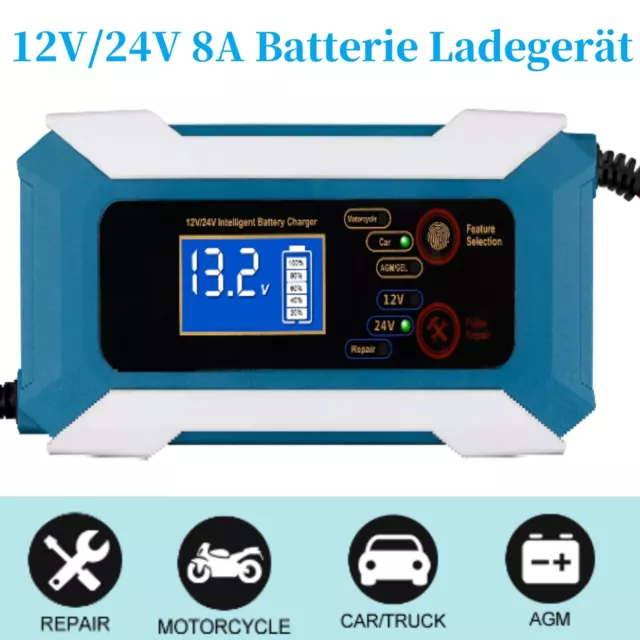 12V 24V 8A Intelligent Auto KFZ Batterie Ladegerät Impuls Reparatur AGM/GEL PKW