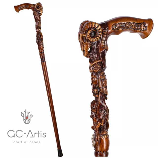 GC-Artis Wooden Walking cane stick Ram Skull & Owl Hand Carved Crafted Mystic