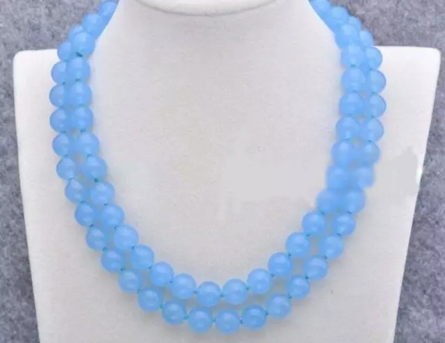 Natural AAA 10mm Blue Chalcedony Gemstone Beads Round Necklace 35'' AAA