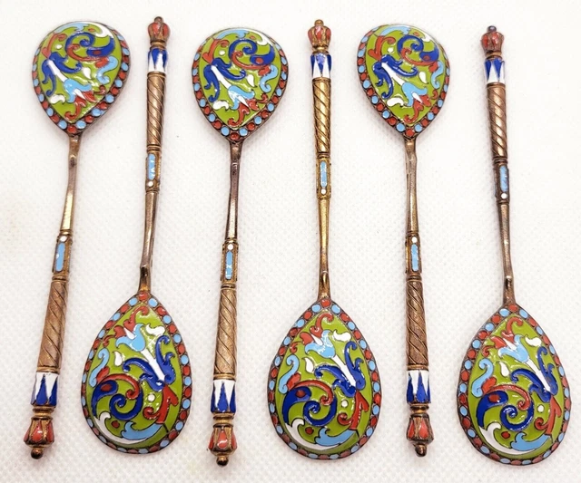 Set di 6 cucchiai smaltati in argento antico russo 88 da 105 grammi