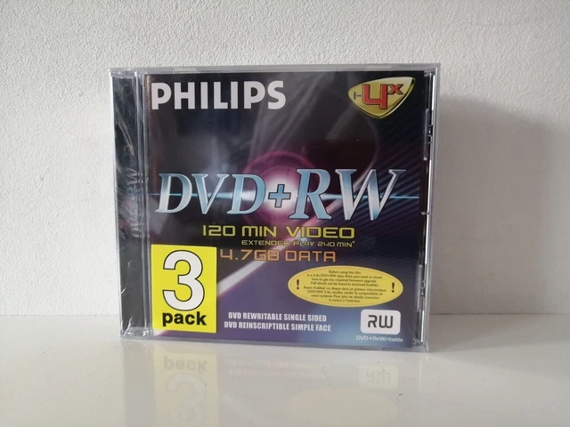 Philips DVD+RW 3 Pack Neuf DVDRW Reinscriptible Recordable 1-4x 4.7 Gb SEALED