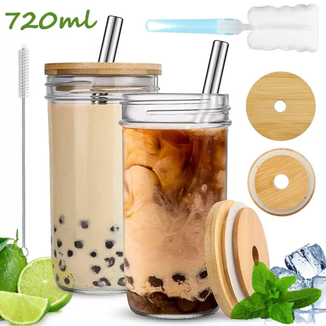 Bubble Tea Becher Trinkglas Eiskaffee Gläser mit Holzdeckel und Strohhalm 720ml