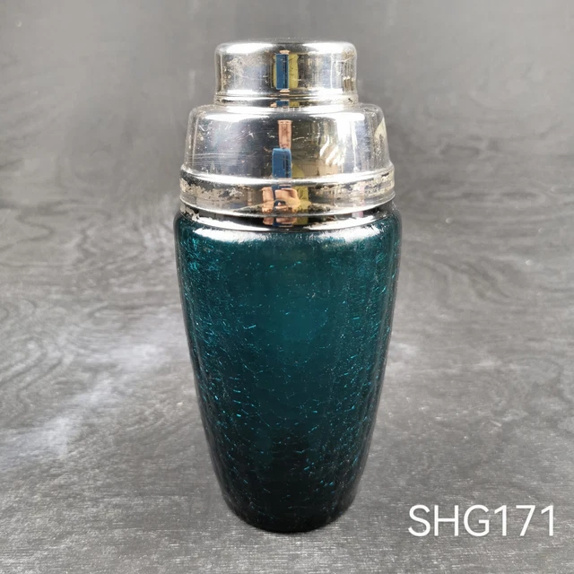 Vintage (50er) Cocktail Shaker; Petrol Craquelée-Glas; versilbert; Ausgusssieb