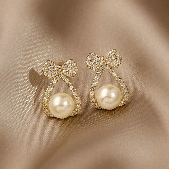 Pearl Studs Bow Crystal Earrings for Women Eardrop Tiny Wedding Fashion Jewelry