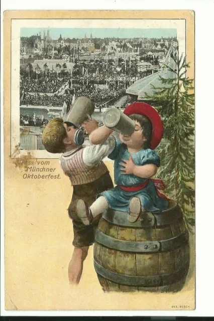 Kk2344) München Oktoberfest Totale Bub Mädel Trinken Bier Tanne Prägekarte 1909