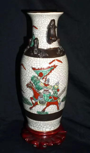 1900 Chinese Pottery Vase w. Crackled Finish Warrior on Horses Motif  (ChT)