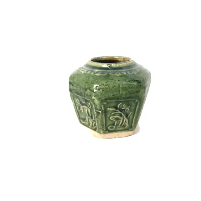 Antique Green Chinese Shiwan Pottery 3.5” Ginger Jar Pot Late Qing 1890-1910