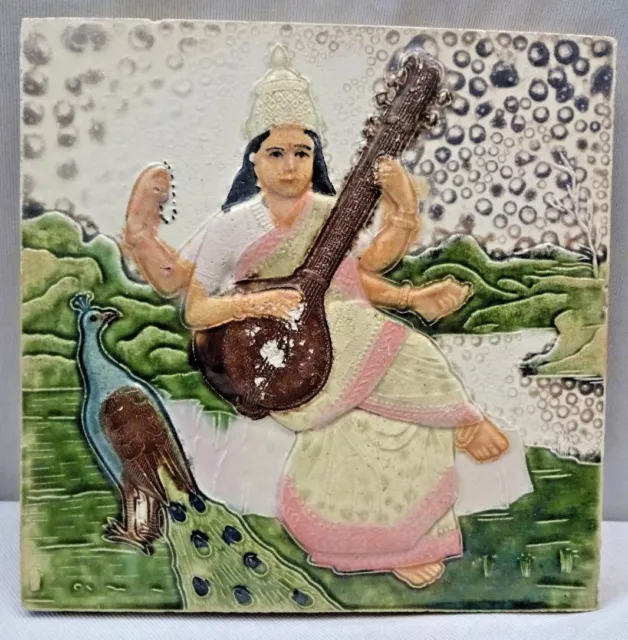 Antique Sarasvati Raja Ravi Varma Tile Painting Object Majolica Art India #385