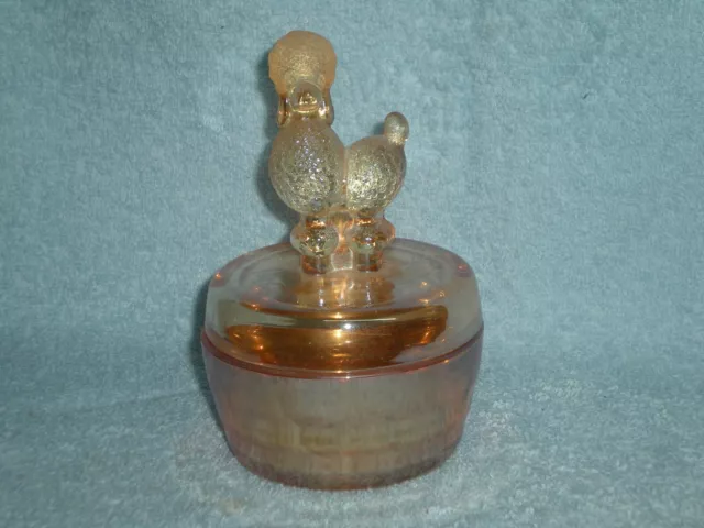 Vintage 1930s Orange Iridescent Glass Poodle Top Lidded Vanity Powder Jar