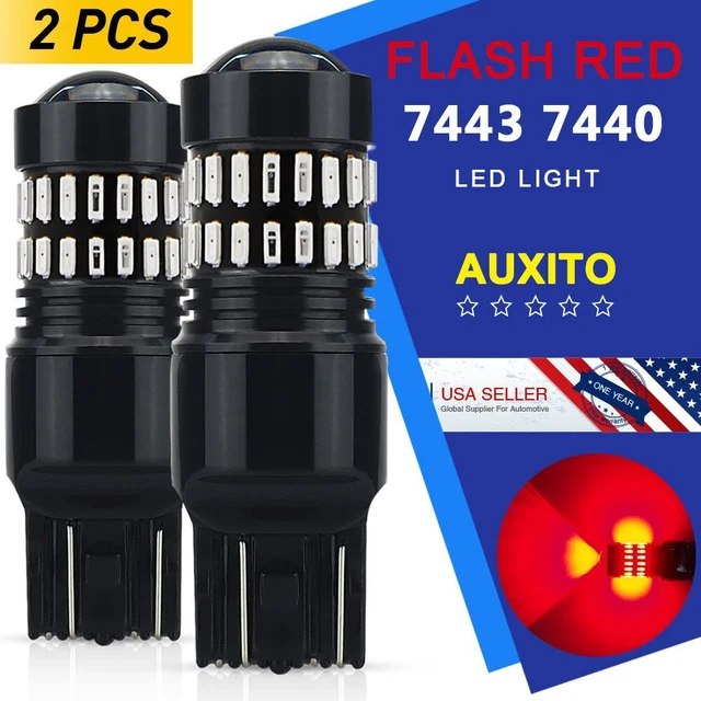 Pair 7440 7443 Flash Strobe Blinking Alert Brake Tail Stop Light LED RED Bulbs
