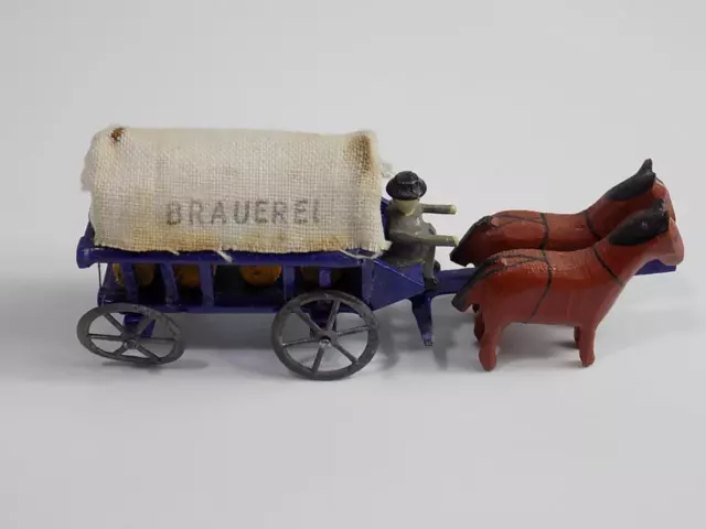 Rarität Erzgebirge Miniatur Fuhrwerk Pferdegespann Brauerei Zinnräder Holz Antik