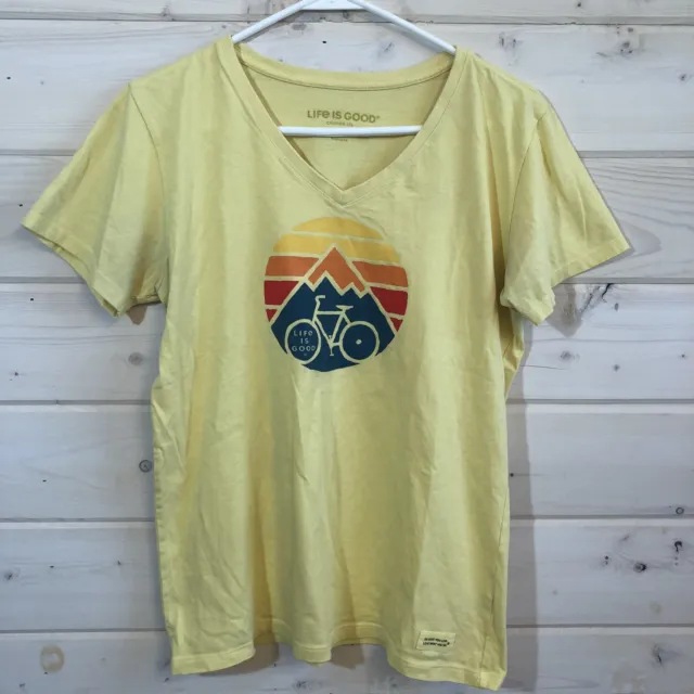 Life Is Good Sz Medium Womens Yellow Crusher V Neck Mountain Bike T Shirt Tee