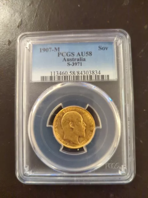 1907 M Full Gold Sovereign Edward VII - PCGS AU58