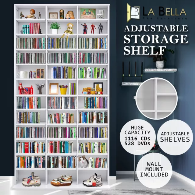 Adjustable Shelves CD DVD Bluray Media Book Storage Cupboard Bookcase WHITE