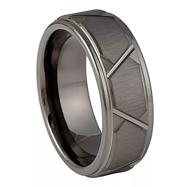 Gun Metal IP 8mm Men's Tungsten Carbide Ring Trapezoid Design Step Edge