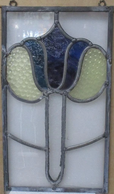 OLD ENGLISH LEADED STAINED GLASS WINDOW Unframed w Hooks Floral 8.25" x 14.75"
