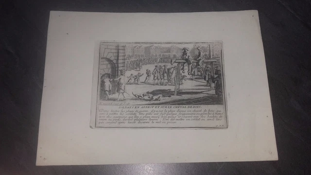 Vieux Papier Gravure Ancienne Soldats En Arret Sur Le Cheval De Bois