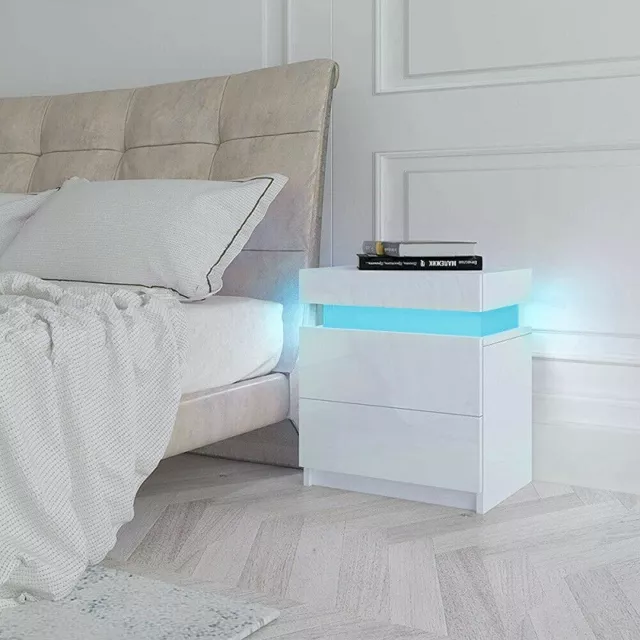 White High Gloss BedsideTable Cabinet Storage 2Drawers with LED Light Modern UK
