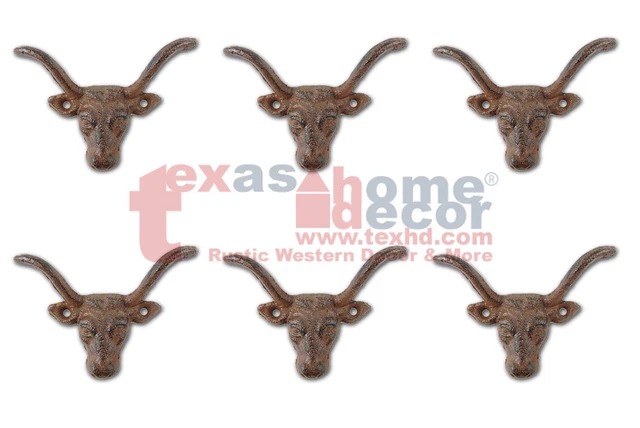 6 Small Cast Iron Longhorn Steer Hook Rustic Coat Hanger Key Holder Drawer Pull
